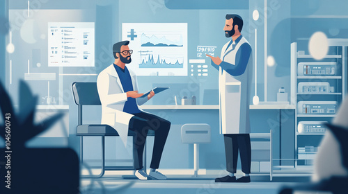 A doctor consulting with a patient in a hospital room, with charts and medical diagrams in the background