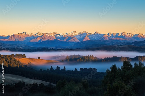 Golden Sunrise Over Foggy Forest and Snow-Capped Mountain Range