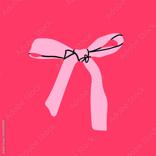 Pink Bow knot, tie up, gift bow. Hand drawn Vector illustration. Isolated colorful design element. Wedding celebration, holiday, party decoration, gift, present concept