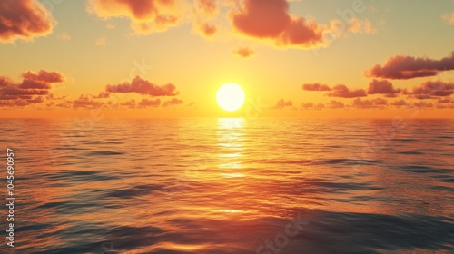 A vibrant sunset over the ocean with a glowing sun and orange clouds reflected in the water.