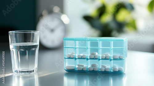 A patient’s daily pill organizer placed next to a glass of water and a clock, symbolizing routine
