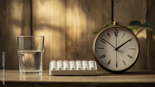 A patient’s daily pill organizer placed next to a glass of water and a clock, symbolizing routine