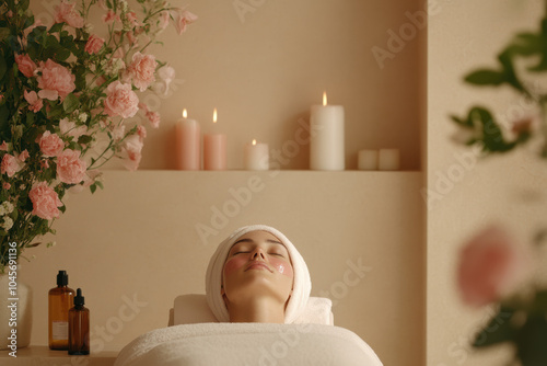 serene spa room featuring woman receiving facial treatment, surrounded by soft pink flowers and calming candles. atmosphere exudes relaxation and tranquility