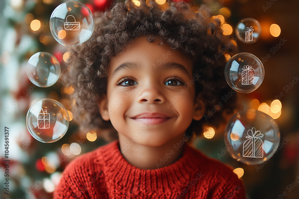 Naklejka premium Happy Afro American Child in cozy red sweater smiles amid glowing Holiday lights and Bubbles with gift icons. Perfect for themes of Christmas, Joy, and Festive Celebrations.