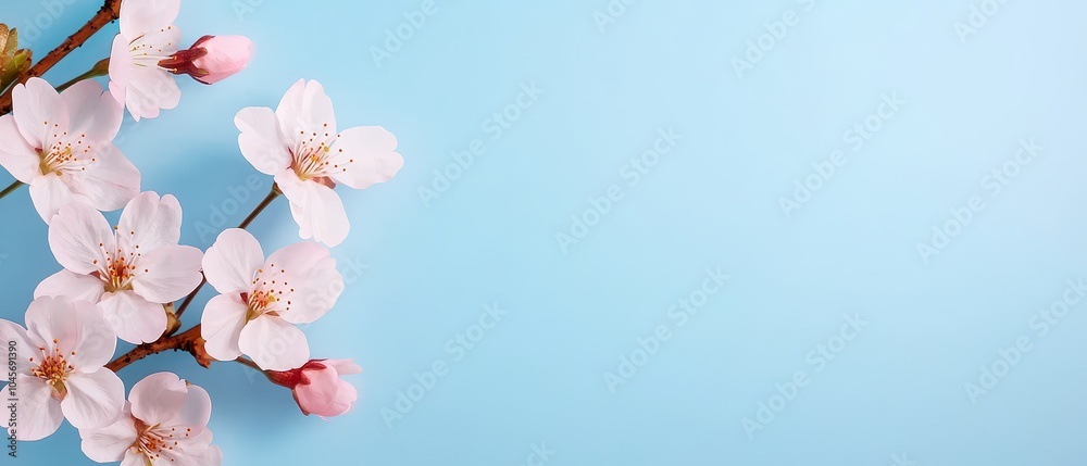Cherry blossom flowers on a blue background, elegant and serene.