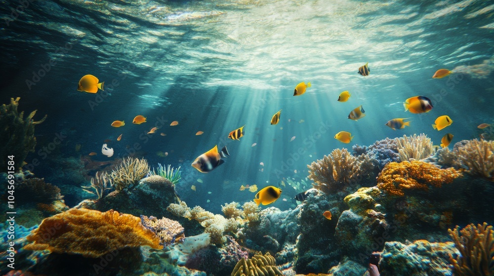 Naklejka premium A vibrant underwater scene with colorful coral reefs and a school of fish swimming through sunbeams.