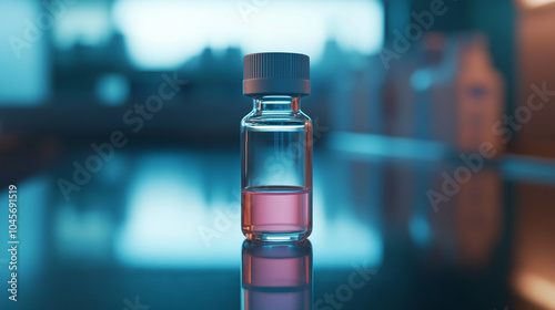 A vial of experimental medication placed on a reflective surface in a sterile lab