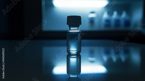 A vial of experimental medication placed on a reflective surface in a sterile lab