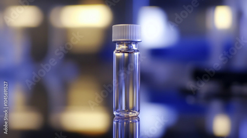 A vial of experimental medication placed on a reflective surface in a sterile lab