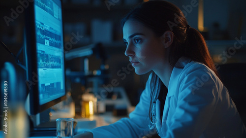 A researcher analyzing medical charts and graphs on a computer screen in a dimly lit office