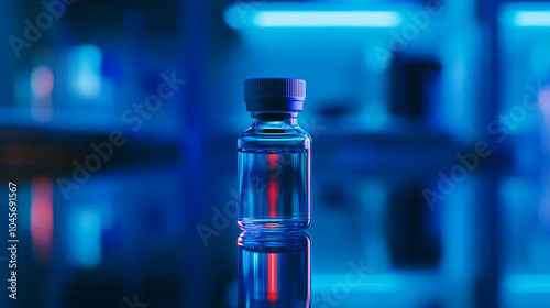 A vial of experimental medication placed on a reflective surface in a sterile lab