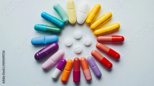 A close-up of various colorful pills and capsules arranged in a circular pattern on a white surface