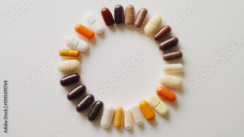 A close-up of various colorful pills and capsules arranged in a circular pattern on a white surface