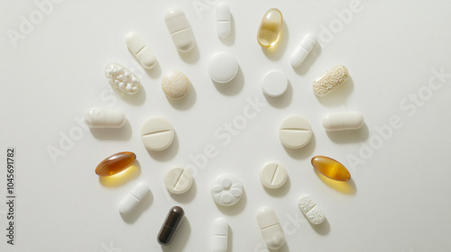 A close-up of various colorful pills and capsules arranged in a circular pattern on a white surface