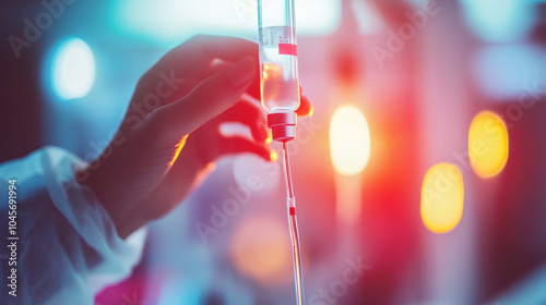 A patient’s hand receiving an IV drip in a hospital bed, with the IV bag in focus