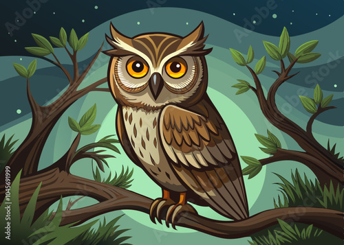 illustration of a Owl perched on a gnarled tree branch vector design