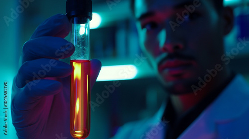 A scientist holding a test tube with a vibrant liquid inside, examining its contents in a lab