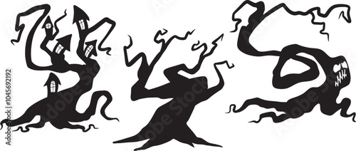 Naked trees silhouettes set Leafless Tree, Dead Tree, Trunk Branches drawn isolated illustrations dead Trees silhouette dry tree silhouette with scary look for Halloween halloween tree silhouette set