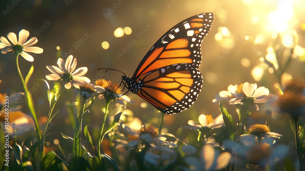A vibrant Monarch butterfly resting on daisies at sunset. A vibrant Monarch butterfly resting on daisies at sunset.