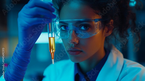 A scientist holding a test tube with a vibrant liquid inside, examining its contents in a lab