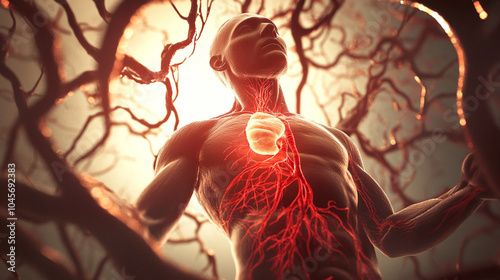 A detailed illustration of the human circulatory system, focusing on arteries and veins