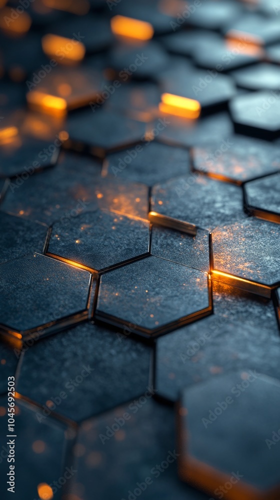 Close up of blue and black hexagonal patterns with glowing specks of light on a textured surface Close up of blue and black hexagonal patterns with glowing specks of light on a textured surface