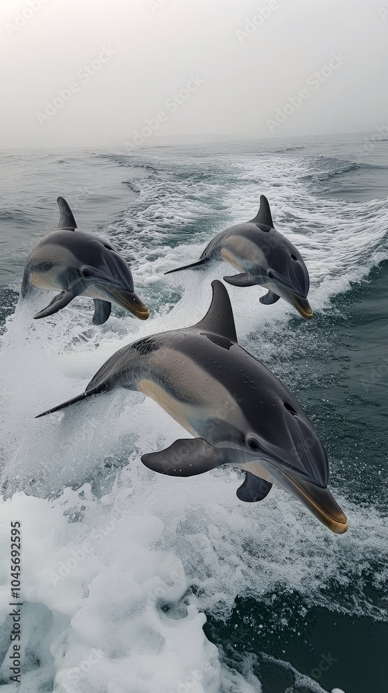 Obraz premium Dolphins leap through the waves near a boat in a foggy ocean setting during a calm morning