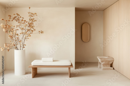 serene modern spa featuring minimalist meditation room with wooden bench, large white vase with dried flowers, and soft neutral tones. calming atmosphere promotes relaxation and mindfulness