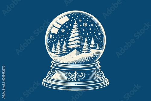 Snow globe. vintage retro hand drawn vector, engraving emblem, print on a blue background, icon, cut out