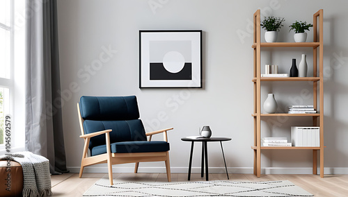scandinavian style armchair near shelf wall wooden frame modern living room