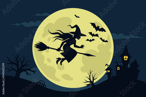 illustration of a Haunting Witch - A silhouette of a witch flying on a broomstick against a full moon vector