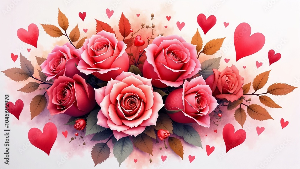 A stunning bouquet of pink roses surrounded by whimsical hearts, perfect for expressing love and admiration on special occasions A stunning bouquet of pink roses surrounded by whimsical hearts, perfect for expressing love and admiration on special occasions