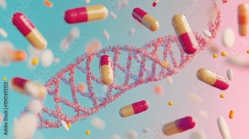 A realistic rendering of human DNA strands with medication capsules floating in the background