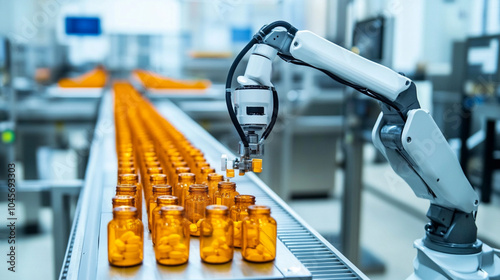 A robotic arm dispensing medicine into pill bottles on an automated production line