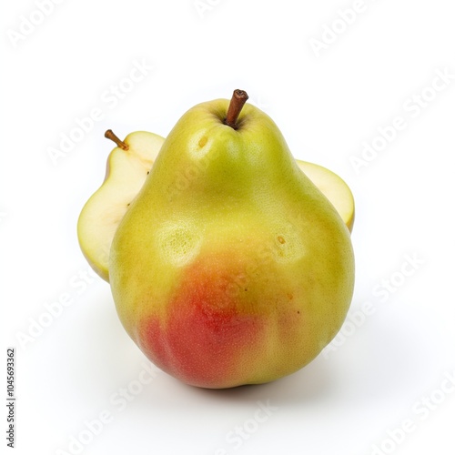 Freshly Sliced Red Starkrimson Pear on White Backdrop photo