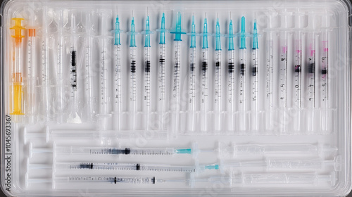 An array of syringes neatly arranged in a sterile tray for vaccination purposes