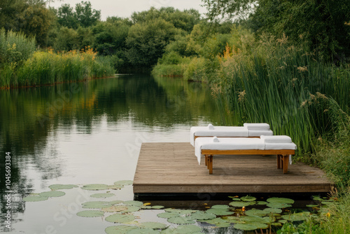 peaceful lakeside spa with massage tables on wooden deck surrounded by lush greenery and tranquil waters. serene atmosphere invites relaxation and rejuvenation