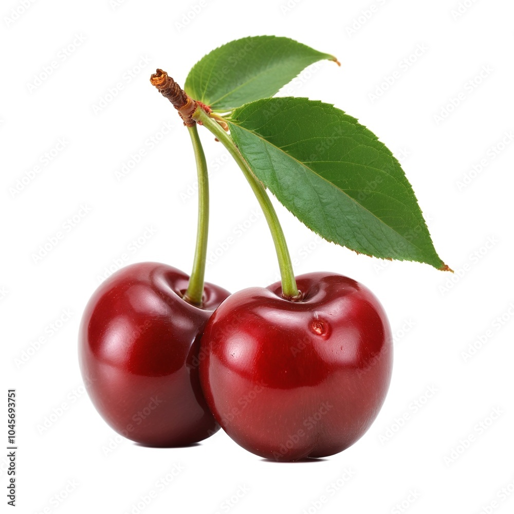 Close-Up View of Fresh Sweetheart Cherries with Lush Green Leaves on a Clean White Background Close-Up View of Fresh Sweetheart Cherries with Lush Green Leaves on a Clean White Background