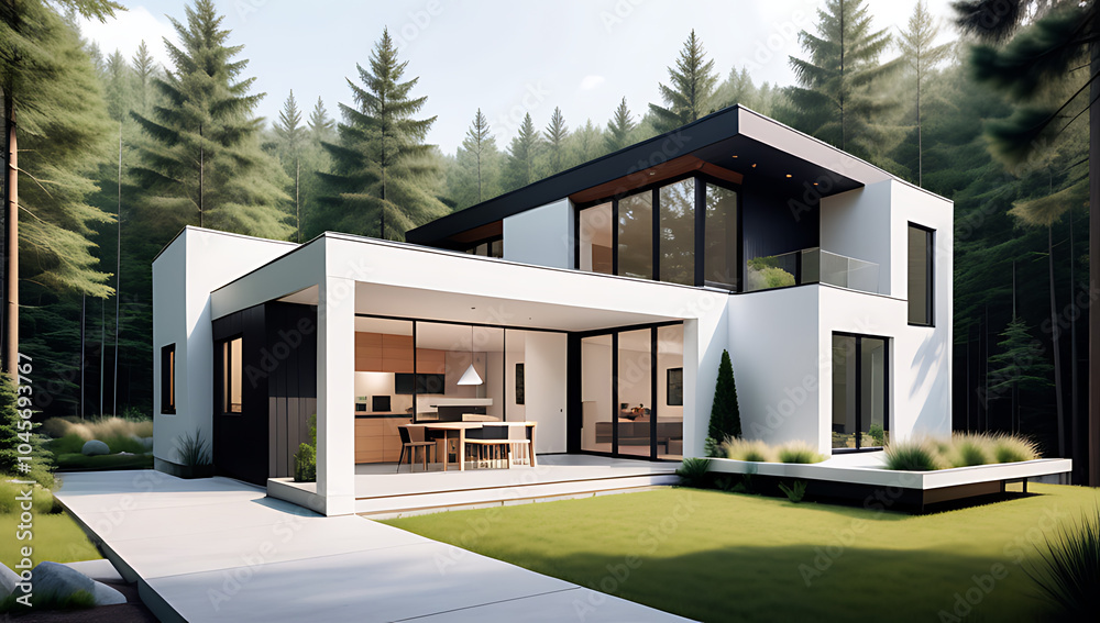 small modern home features big windows terrace lush landscaping surrounding residential architecture forest environment small modern home features big windows terrace lush landscaping surrounding residential architecture forest environment