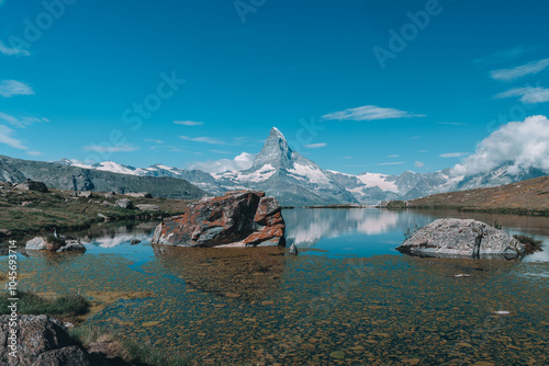 Beautiful Stellisee Lake with a Matterhorn reflection - Five Lakes Trail in Zermatt, Switzerland photo