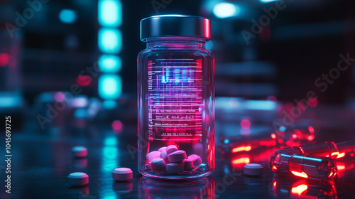 A futuristic medicine bottle with a holographic label displaying details of the medication