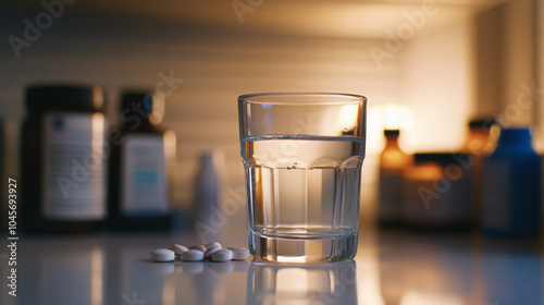 A glass of water next to a small, organized row of different medications