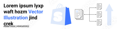 A blue shopping bag symbolizing e-commerce next to a document icon suggesting data management and a flowchart representing strategy process topped with an upward arrow for growth. Ideal for