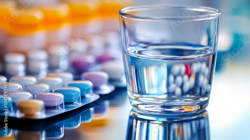 A glass of water next to a small, organized row of different medications
