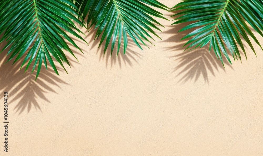 Fototapeta premium Green palm leaves with shadows on a beige background.
