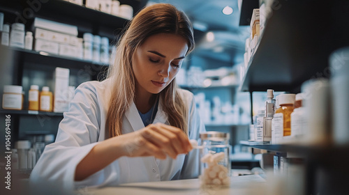 A pharmacist carefully measuring liquid medication into a graduated cylinder