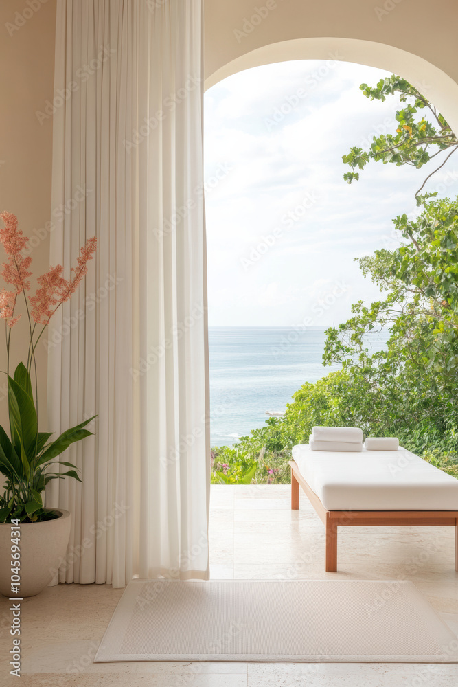 Fototapeta premium serene coastal spa with outdoor detox showers, featuring tranquil view of ocean and lush greenery. space is designed for relaxation and rejuvenation