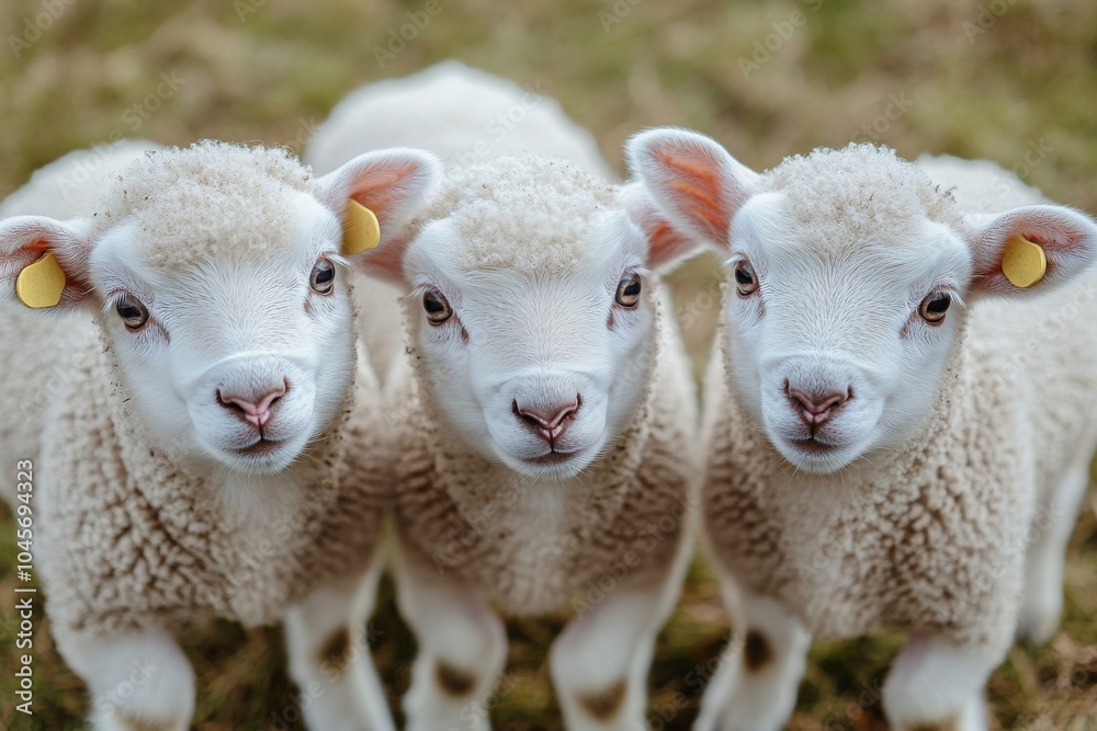 Obraz premium Three adorable lambs standing together on a green pasture during a sunny day