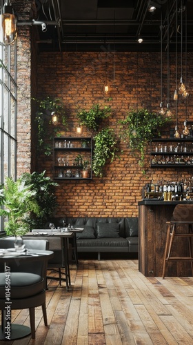 Cozy urban bar interior with plants and wooden decor in the evening light