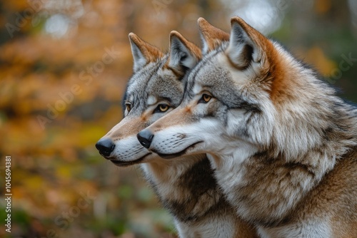 Two wolves closely nuzzling in the snow with autumn foliage in the background during daylight